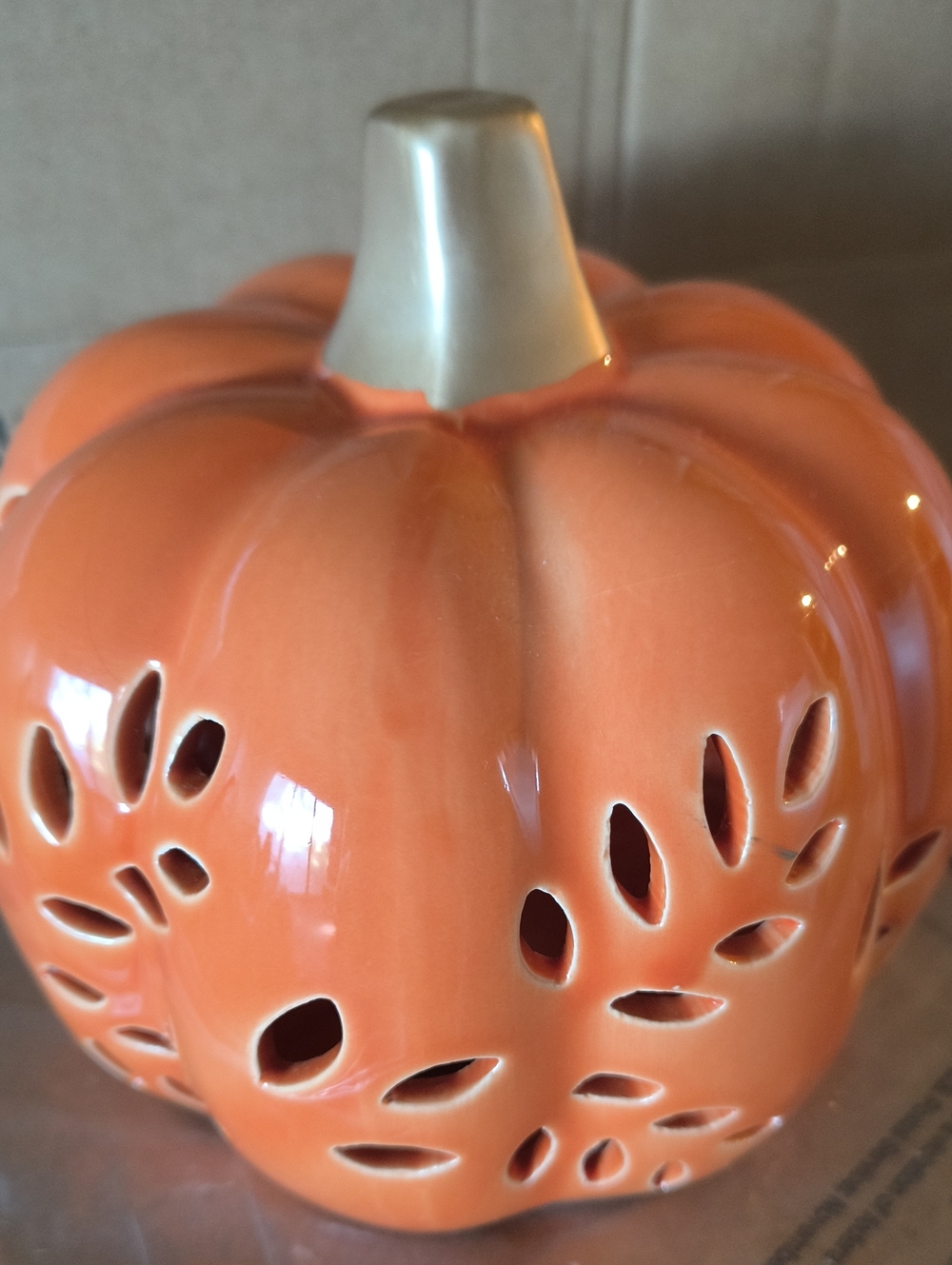 NWOT Orange Ceramic Pumpkin Lantern with Gold Stem - Picture 3 of 4